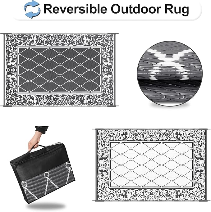 OutdoorLines Indoor Outdoor Rugs for Patio 5x8 ft - Reversible Outside Carpet, Stain & UV Resistant Portable RV Mats, Plastic Straw Rug for Camping, Pool Deck, Porch Rhombus Gray & White