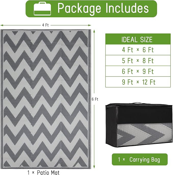 Easy-Going Reversible Outdoor Rugs 4x6ft Waterproof Plastic Straw Rug Stain & UV Resistant Floor Mat for Patio Porch RV Backyard Pool Deck Picnic Beach Trailer Camping (Waved Grey & Light Grey)