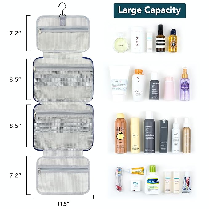 PAVILIA Hanging Toiletry Bag Travel Bag Women Men, Foldable Cosmetic Organizer, Roll up Makeup Bag, Water Resistant Accessories Toiletries, Large Travel Essentials Kit (Navy Polka Dot)