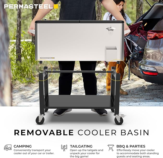 Permasteel 80-Qt Outdoor Patio Cooler with Removable Basin, Outside Beverage Cooler Cart, Rolling Cooler with Wheels and Handles, Stainless Steel