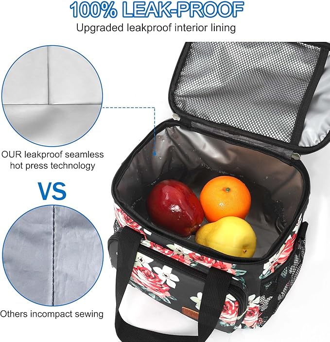 Femuar Lunch Bags for Women/Men, Insulated Lunch Bag for Work Office Picnic - Lunch Cooler Bag Leakproof Lunch Box with Adjustable Shoulder Strap - Black Floral