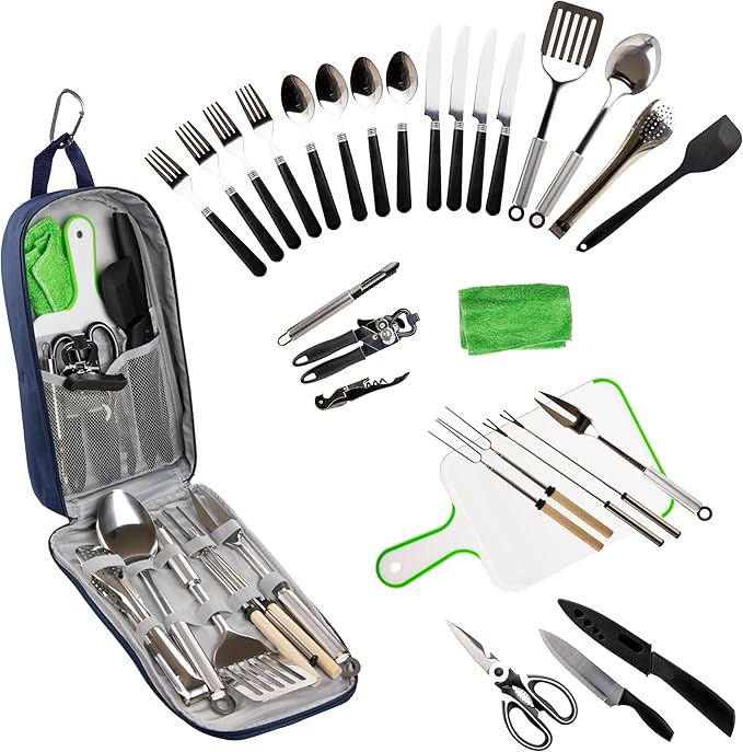 Camp Cooking Utensil Set & Outdoor Kitchen Gear Cookware Kit, Portable Compact Carry Case for Camping, Hiking, Travel, BBQ Grilling Stainless Steel Accessories Spoon & Fork