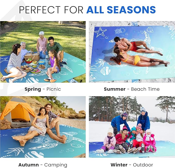 Lightweight Beach Blanket - Oversized 107" x 77" - Waterproof Sandproof - Double Anchored for Fun Leisure Beach Blanket - with Stake and Pouch - Durable Sand Beach Mat
