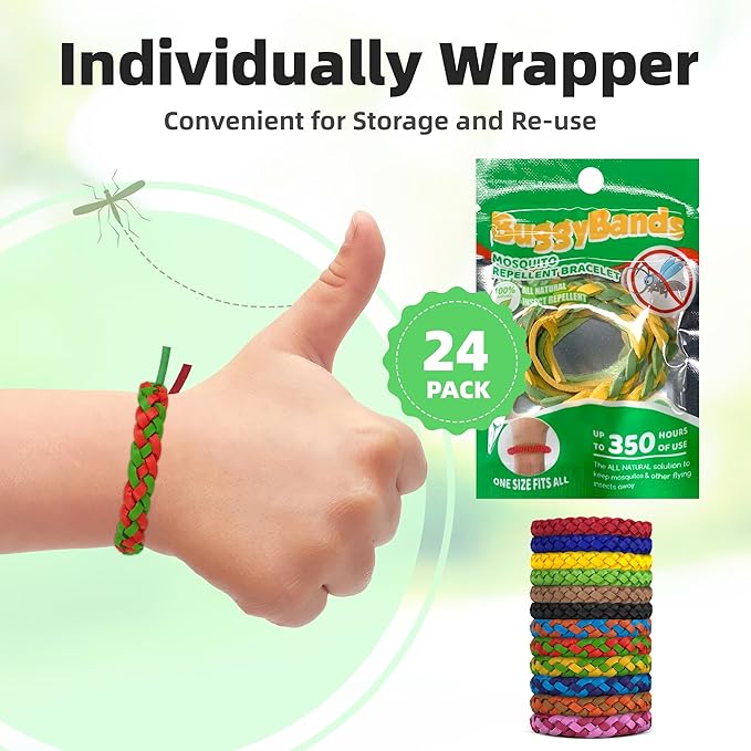 24 Pack Mosquito Repellent Bracelets, DEET-Free, Individually Wrapped PU Leather Insect & Bug Repellent Wrist Bands