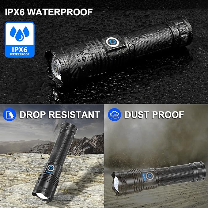 LED Rechargeable Flashlights High Lumens Flash Light, 990,000 Lumens Super Bright Powerful Tactical Flashlight, 5 Modes IPX6 Waterproof Handheld Flashlights for Camping Emergencies