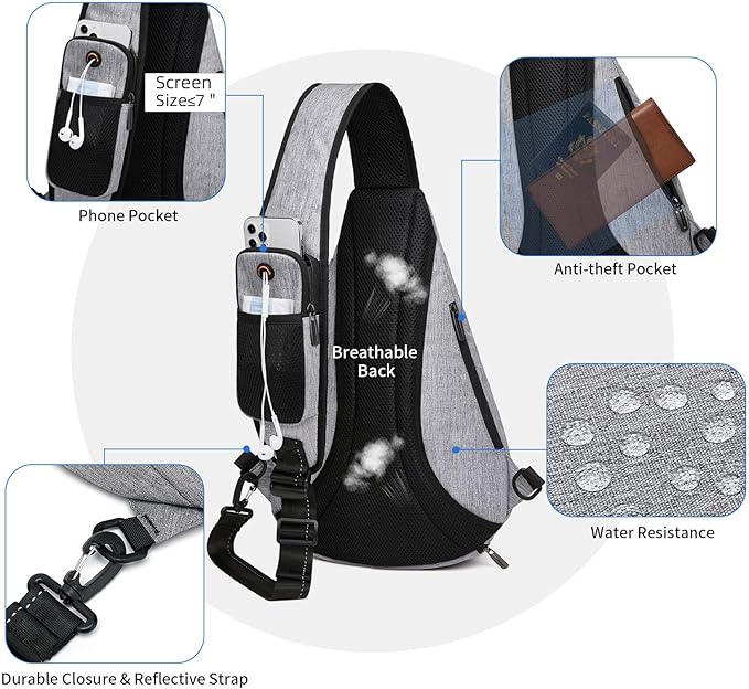 TUDEQU Sling backpack, 8 Pockets Sling Bag Crossbody, 19L Large Sling Bag for Men Travel Crossbody Backpack Hiking Outdoor
