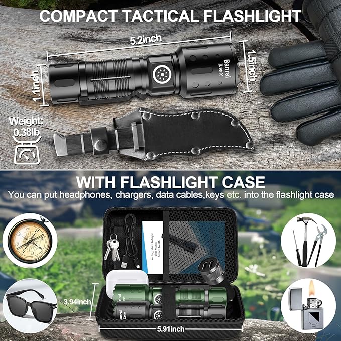 Rechargeable Flashlights 20,000 High Lumens, 1500M Long Throw Super Bright LED Small Powerful Flashlight with Memory Function, 6Modes Pocket Waterproof Flash Light for Camping,Hiking (2, Black/Green)