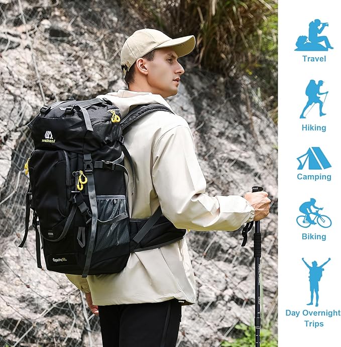 ShowyLive 60L Waterproof Hiking and Camping Backpack for Men - Durable, Lightweight Large Hiking Backpack with Rain Cover, Multi Compartments, and Adjustable Straps, Black