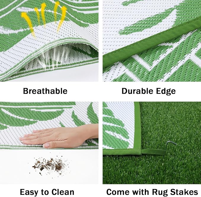 Ileading Outdoor Rug Carpet for Patio 9'x12' Waterproof Reversible Plastic Straw Rug Portable Outside Area Rug Camping Mat for Patio, Clearance, Balcony, Picnic, Pool, Beach, RV, Deck, Green