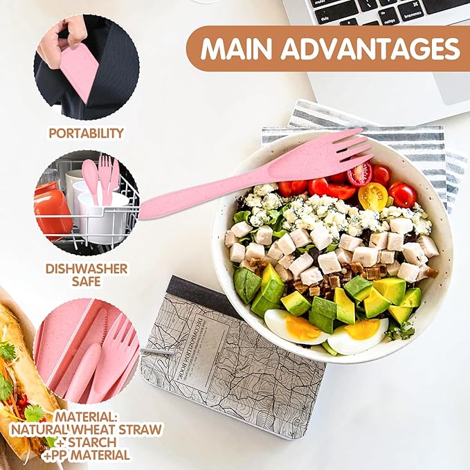 Lnrkai Travel Utensils Set with Case, 4 Sets Wheat Straw Reusable Spoon Knife Forks Tableware, Portable Cutlery Set for Lunch Box Accessories for Adults Kids Travel Picnic Camping or Daily Use