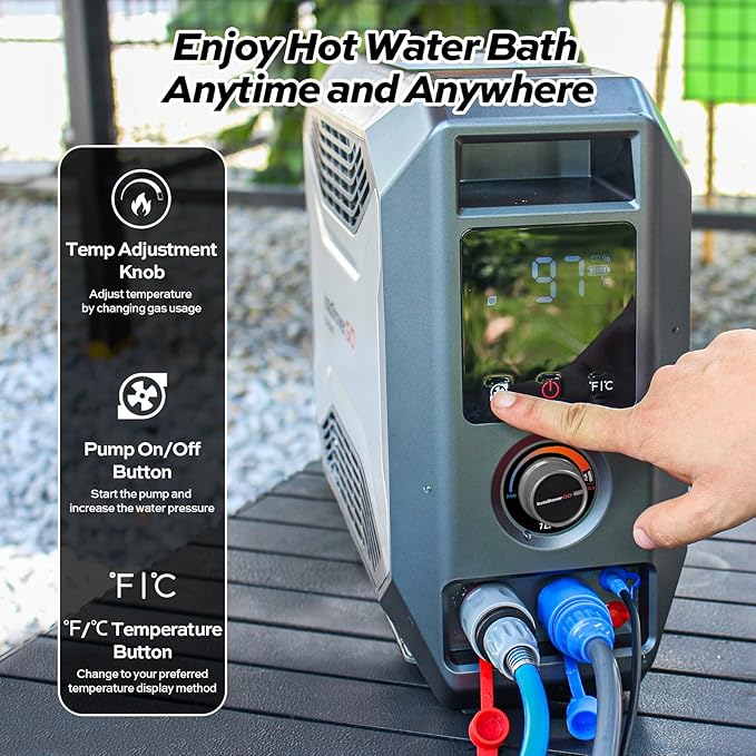 FOGATTI Portable Gas Water Heater, InstaShower GO, Propane, 19,000 BTU, with 5000mAh Rechargeable Built-in Battery, DC 12V, Outdoor Camping Shower with Tip-Over Protection, Safety Shutoff