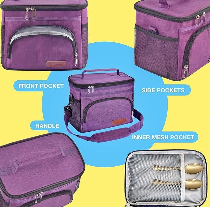 ExtraCharm Insulated Lunch Bag for Women/Men - Reusable Lunch Box for Office Picnic Hiking Beach - Leakproof Cooler Tote Bag Organizer with Adjustable Shoulder Strap for Adults - Purple