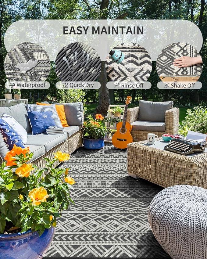 MontVoo Outdoor Rug Carpet Waterproof 9x12 Outdoor Patio Rug Mat Reverisble Plastic Straw Outdoor Rug for RV Camping Picnic Beach Balcony Boho Grey Large