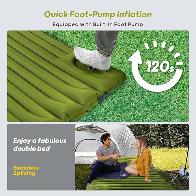 4-Inch-Thick Double Sleeping Pad for Camping, Strong Support Camping Mattress with Built-in Foot Pump, Lightweight Inflatable Sleeping Mat 2 Person for Backpacking, Hiking, Outdoors