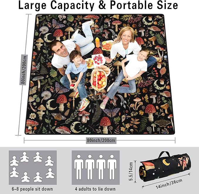 Extra Large Picnic Blankets Waterproof Foldable (80"x 80") Mushroom Beach Blanket Waterproof Sandproof,3-Layer Thicking Mat Outdoor Packable Camping Blanket