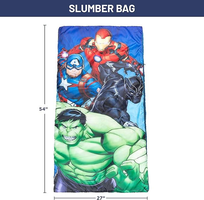Jay Franco Marvel Avengers Battle Formation Slumber Sack - Cozy & Warm Kids Lightweight Slumber Bag/Sleeping Bag - Featuring Captain America, Iron Man, Black Panther, & Hulk