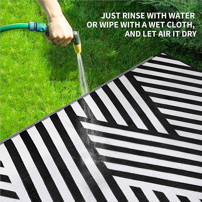 Outdoor Patio Plastic Straw Rug - 9'x18' Outdoor Camping Rug Waterproof Reversible, Area Carpet Patios Clearance RV, Outside Porch Balcony Deck for Camper, White & Black