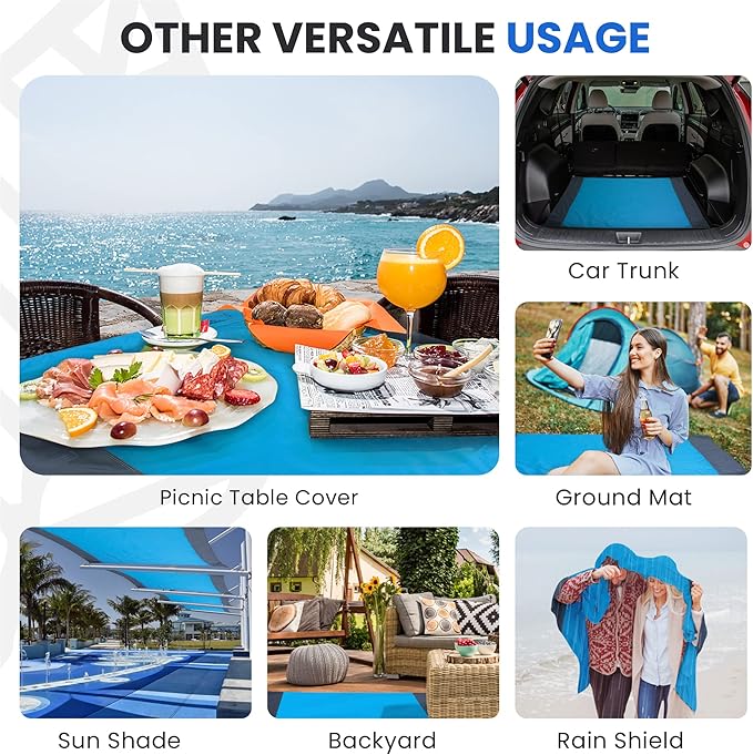 Lightweight Beach Blanket - Oversized 107" x 77" - Waterproof Sandproof - Double Anchored for Fun Leisure Beach Blanket - with Stake and Pouch - Durable Sand Beach Mat