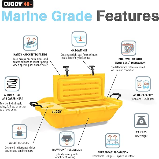 CUDDY Floating Cooler and Dry Storage Vessel for Land & Water – 40QT– Great for River, Beach, Kayak, Pool, & Lake - Multiple Color Options
