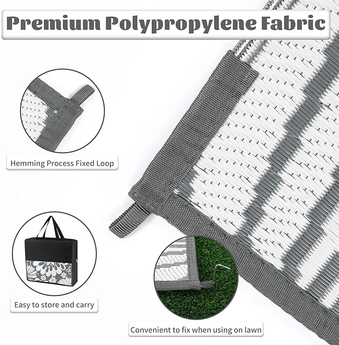 Ileading Outdoor Plastic Straw Rug 8x10ft Funny Floral Style Reversible Patio Area Rugs Waterproof Non Shedding Portable Carpets for Rv Outside Deck Pool Beach Picnic Camping (Grey)