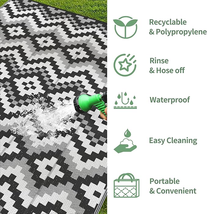 GENIMO Outdoor Rug Waterproof 9x12 ft, Lightweight Plastic Straw Rugs, Outside Reversible Large Mat Carpet for Patio, Camping, RV, Deck, Balcony, Porch, Backyard, Black & White