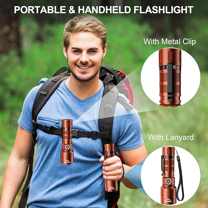 Flashlights High Lumens Rechargeable, 20,000 Lumens Super Bright 1500 Meters Long Range Small Powerful Flashlight, 6 Modes LED Tactical Pocket Waterproof Flash Light for Home Emergency (2, Brown)