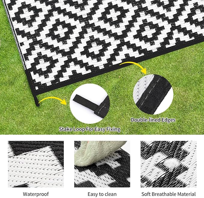 Outdoor Patio Plastic Straw Rug - 6'x9' Outdoor Camping Rug Waterproof Reversible, Area Carpet Patios Clearance RV, Outside Porch Balcony Deck for Camper, Black & White