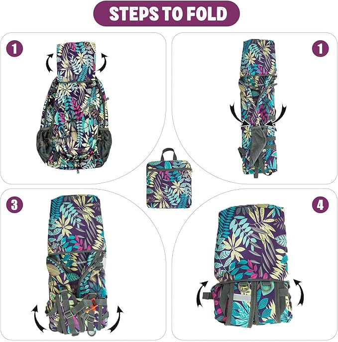 40L Lightweight Hiking Backpack Travel Packable Daypack for Women and Men, Purple Leaf