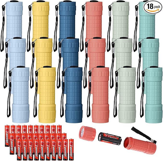 18 Pack 9 LED Flashlight Bulk Plastic Handheld Flashlight Kids Flashlight with Lanyard, Each with 3 AAA Batteries Included for Kids Night Reading Party Camping Emergency Hunting, 6 Color