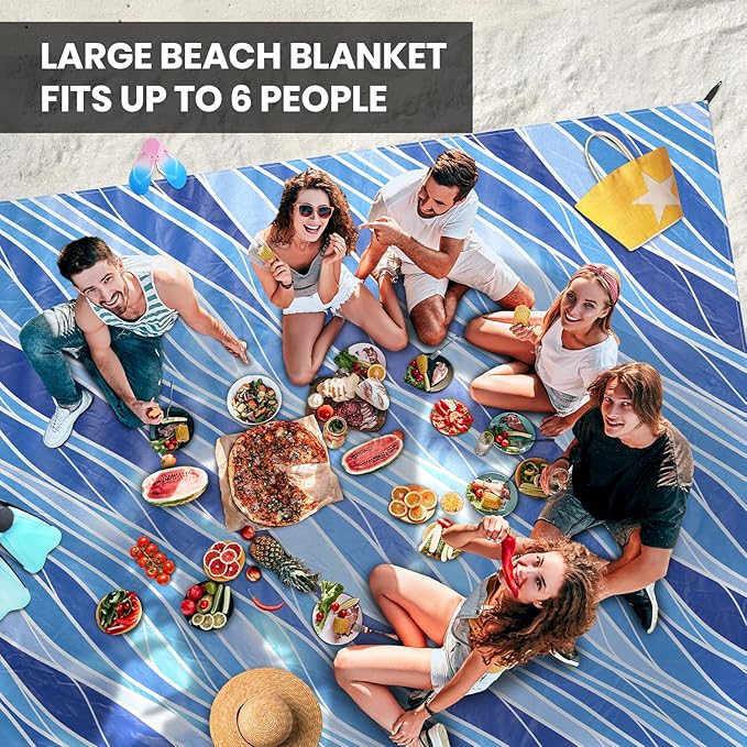Everlasting Comfort Beach Blanket Waterproof Sandproof - Large Oversized Beach Mat for 10 People w/Stakes, Storage Bag - Beach Accessories for Family, Picnic, Concert, Travel