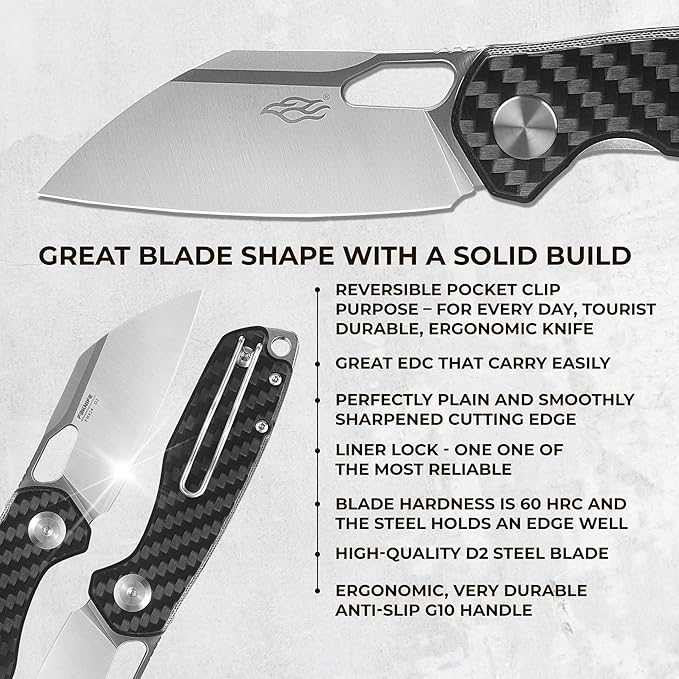 Firebird GANZO FH924-CF Ball Bearing Pocket Folding Knife Wharncliffe D2 Steel Blade G10 Anti-Slip Handle with Clip Camping Hunting Fishing Folder Outdoor EDC Pocket Knife (Carbon Fiber Black)