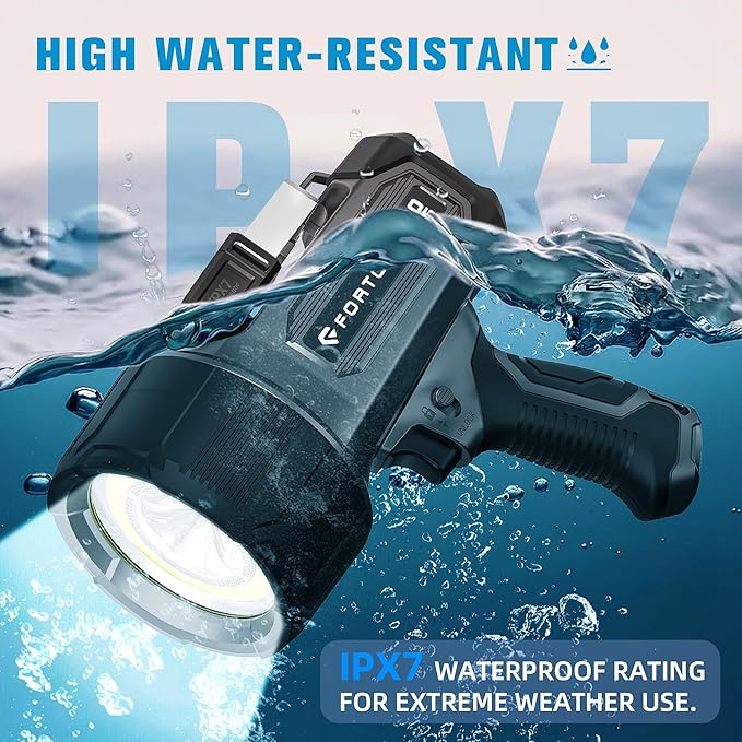 FORTO Rechargeable Spotlight 10000 Lumen Ultra Bright IPX7 Waterproof Spotlight, Boat Spotlight with EVA Carrying Case Tripod, 7 Light Modes Handheld Spotlight Flashlight for Marine Boat Hunting