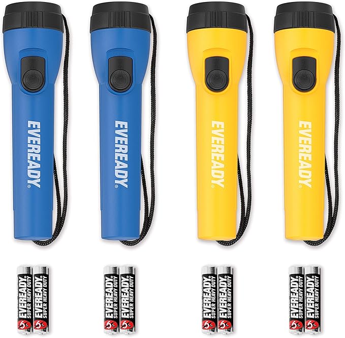 EVEREADY LED Flashlights (4-Pack), Bright Flashlights for Emergencies and Camping Gear, Flash Light with AA Batteries Included, Blue/Yellow (4-Pack)