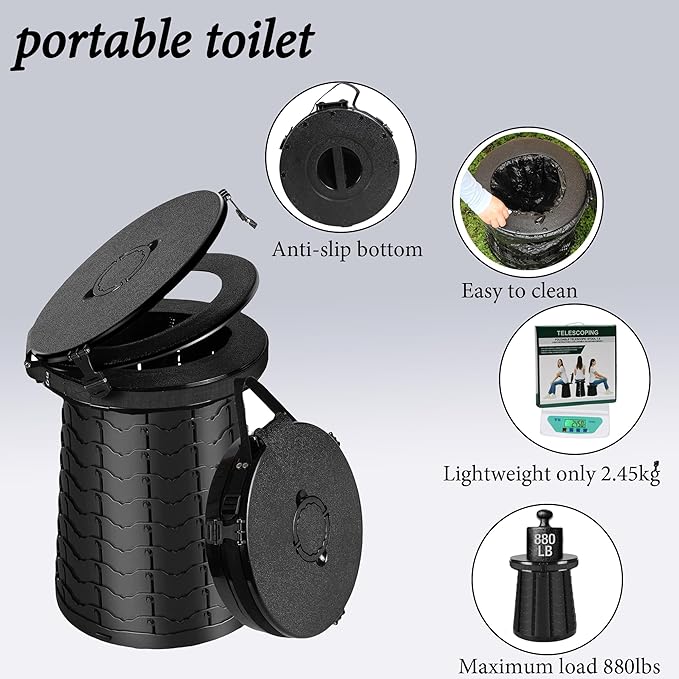 XXL Portable Toilet -19.7" H 15" D Adjustable Foldable Camping Toilet, Luggable Loo with Lid, Strap,Toilet Bag for Camping, Hiking, Travel and Car with Carry Bag