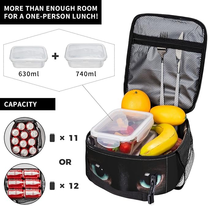 Black Cat Face Lunch Bag Reusable Insulated Lunch Box Thermal Cooler Tote For Boys Girls Teen School Men Women Travel Hiking Picnic