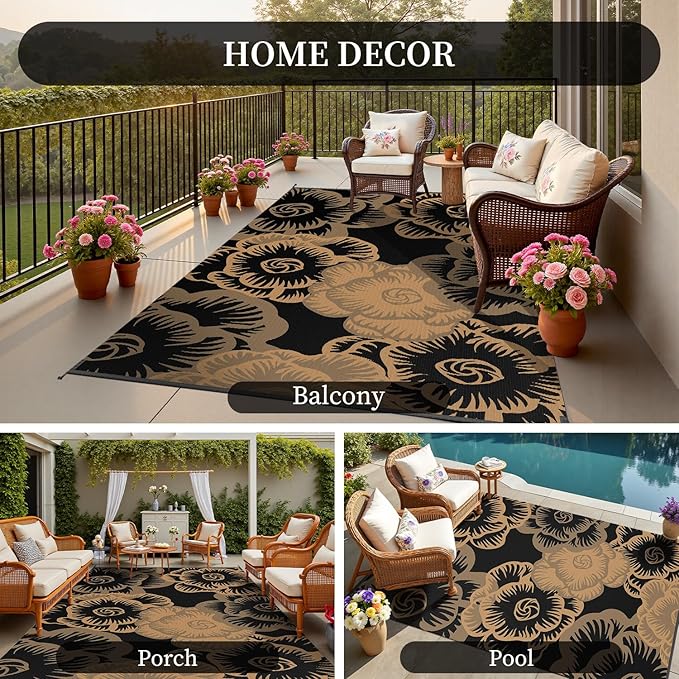 MontVoo Outdoor Rug 8x10 Waterproof Patio Rug-Outdoor Carpet Mat Reversible Plastic Straw Outside Outdoor Rug for RV Camping Picnic Beach Balcony Backyard Pool Deck Farmhouse Floral Black Brown