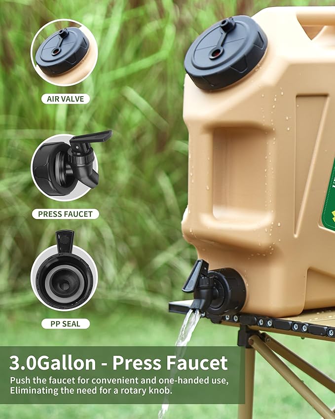3.5 Gallon Water Jug, Overlanding Gear Water Containers Spigot, Camping Essential Truly Leak-Proof Press Faucet Warm Sand Water Storage,BPA Free Portable Emergency Water Tank for Outdoors Hiking RV