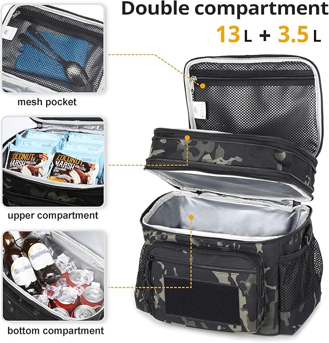 ATRIPACK Lunch Bag for Men, Double Deck Tactical Lunch Box Work with Shoulder Strap MOLLE Webbing Large Lunch Cooler Leakproof Insulated (Camo-Black)