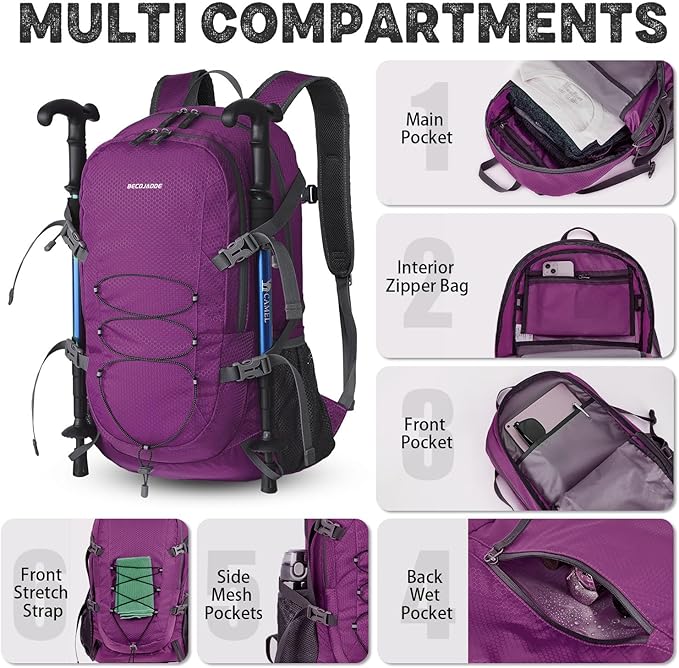 40L Lightweight Hiking Backpack Travel Packable Daypack for Women and Men, Purple