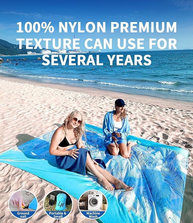 LH Beach Blanket Waterproof Sandproof, 84"*84" Large Beach Blanket for 5 Adults, Picnic Blanket Beach Mat for Camping, Beach Essentials Big & Compact Quick Drying, Lightweight & Durable with 4 Stakes