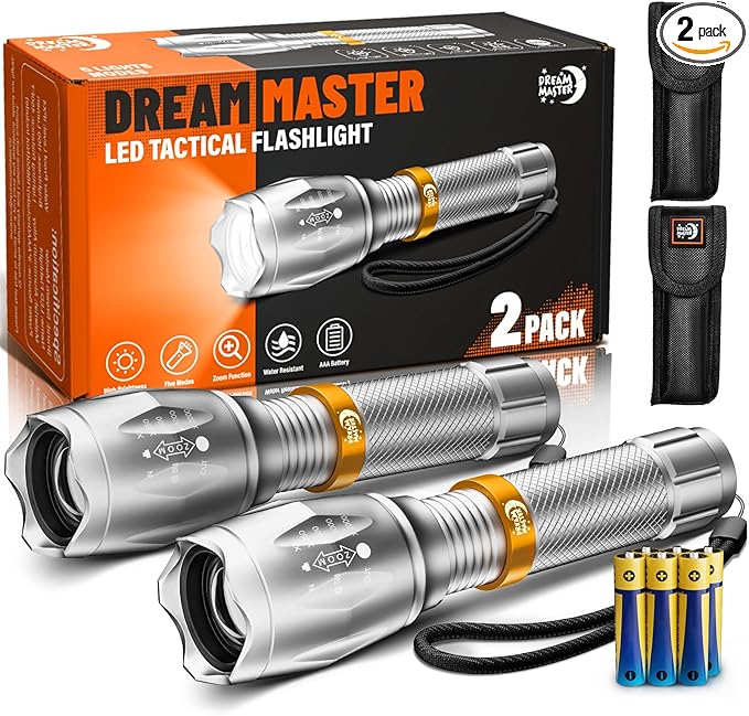2 Pack LED Flashlights High Lumens with 6 AAA Batteries, 5 Modes Mini Waterproof Tactical Flashlight for Camping Hiking, Bright Flashlight with Zoomable, Fathers Day Dad Gifts for Men, Silver & Orange