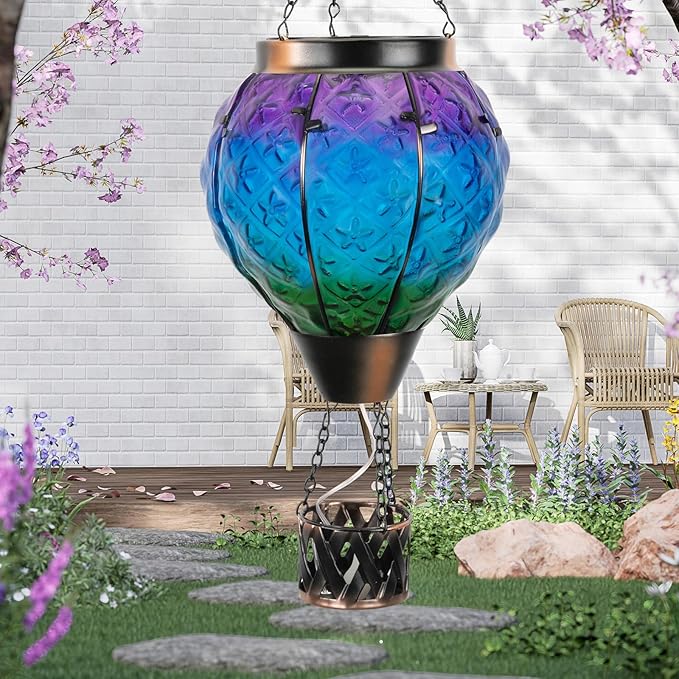 Hot Air Balloon Solar Lantern with Candle Holder,Glass Hanging Solar Lantern with Flickering Flame,Solar Lanterns Outdoor Waterproof for Lawn Patio Porch Tree Decor
