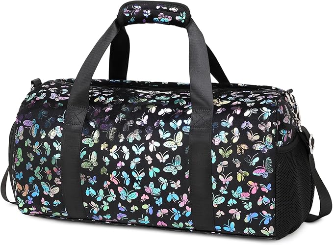 Duffle Bag for Girls Soft Fuzzy Butterfly Dance Bag for Girls Sports Gym Bag Ballet Bag Travel Duffle Bags with Shoes Compartment and Wet Pocket