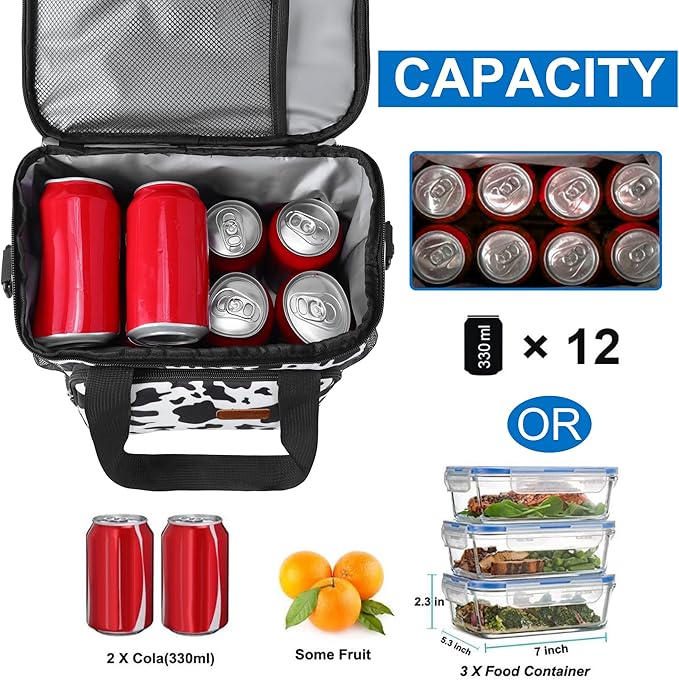 Femuar Lunch Bags for Women/Men, Insulated Lunch Bag for Work Office - Lunch Cooler Bag Leakproof Lunch Box with Adjustable Shoulder Strap - Cow print