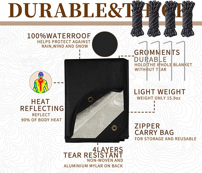 Heavy Duty Survival Blanket -Multifunctional Reflective Tarp Thermal Blanket - 60" x 83" Waterproof Sandproof for Camping Hiking Outdoors Multifunctional Emergency Blanket