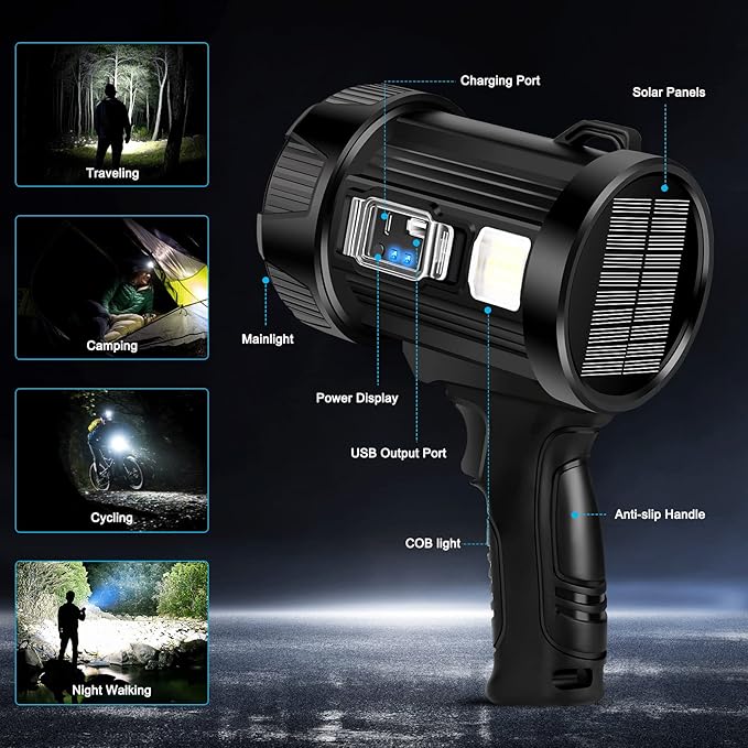 GRC Rechargeable Spotlight, 90000 Lumens Super Bright Handheld Spotlight Flashlight with Solar Panels, Led Spot Lights for Outdoor,Hunting,Camping,Boating