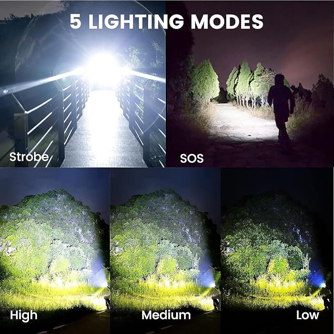 Flashlights High Lumens Rechargeable - 990000 Lumens Super Bright LED Flashlight with 5 Modes, Max 10 Hours Runtime, IP67 Waterproof Flash Light for Camping, Hiking, Fishing