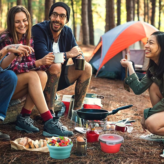 4 Pcs Camping Bowl with Lid Collapsible Silicone Bowl Lunch Box Salad Bowl Expandable Food Storage Container Set Folding Travel Bowl for Hiking Heat (Red, Pink, Blue, Green,41 oz)