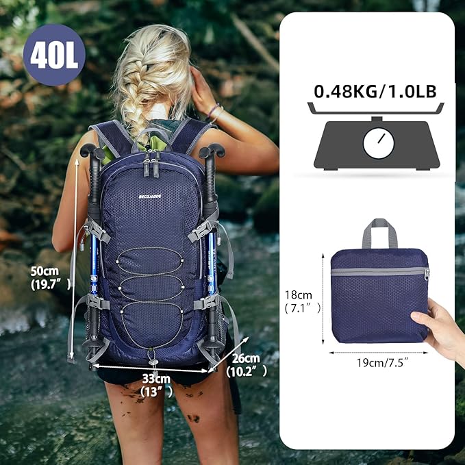 40L Lightweight Hiking Backpack Travel Packable Daypack for Women and Men, Navy Blue