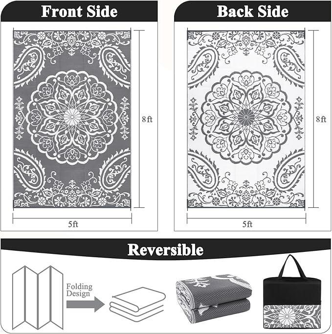 Pauwer Waterproof Outdoor Rug 5x8, Reversible Plastic Straw Patio Camping Rug, Indoor Outdoor RV Mat Carpet for Deck, Camper, Porch, Balcony, Backyard, Picnic, Boho Grey